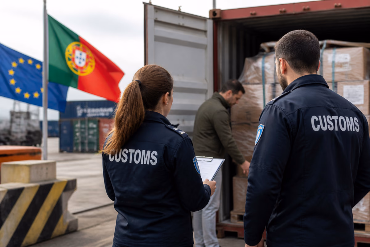 Vámtisztek figyelik, ahogy egy férfi dobozokat ellenőriz egy konténerben, portugál és uniós zászlók mellett