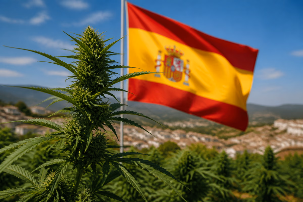 Virágzó kannabisznövény lengő spanyol zászló és egy fehér dombvidéki kisváros előtt
