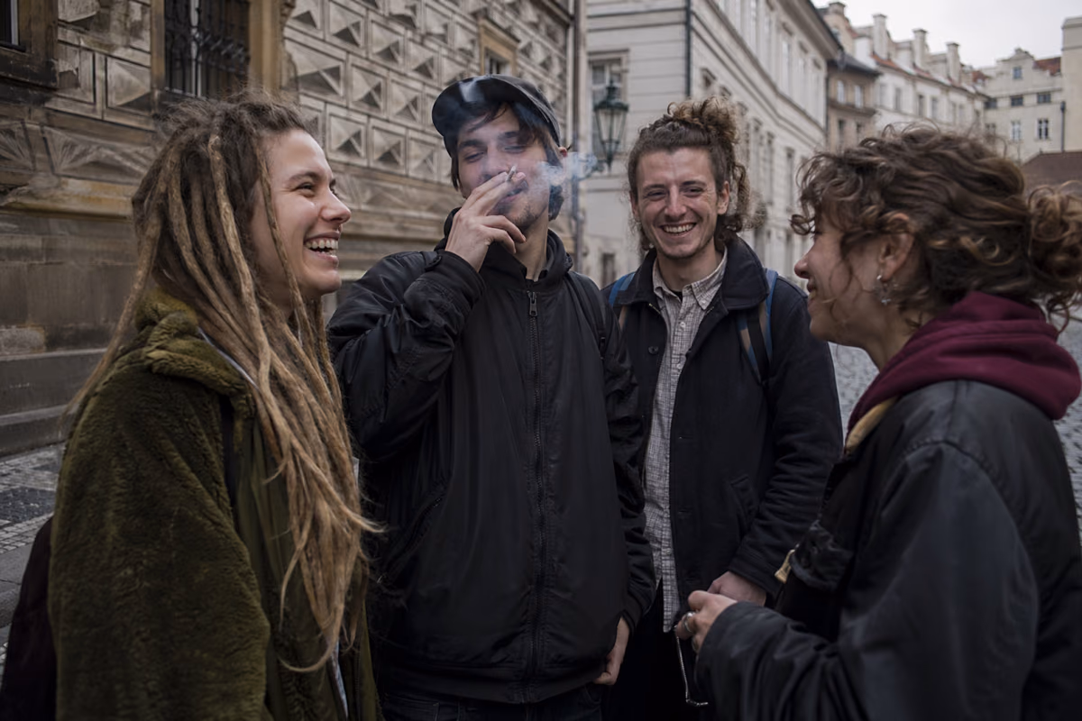 Nevető fiatalok egy prágai utcán, egyikük cigarettázik, körülöttük történelmi épületek