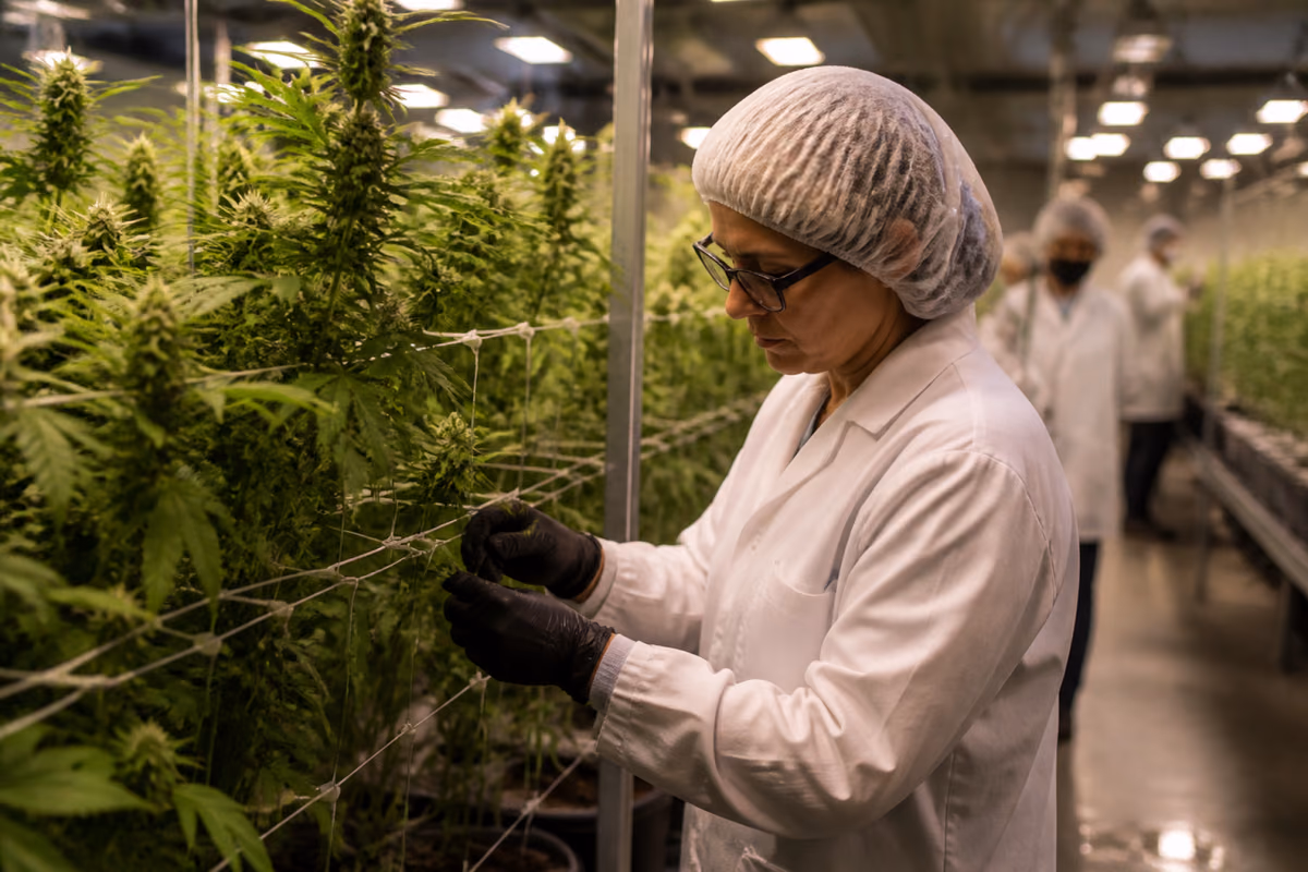 Dolgozó fehér köpenyben és hajhálóban orvosi kannabisz növényeket vizsgál egy beltéri termesztőlétesítményben